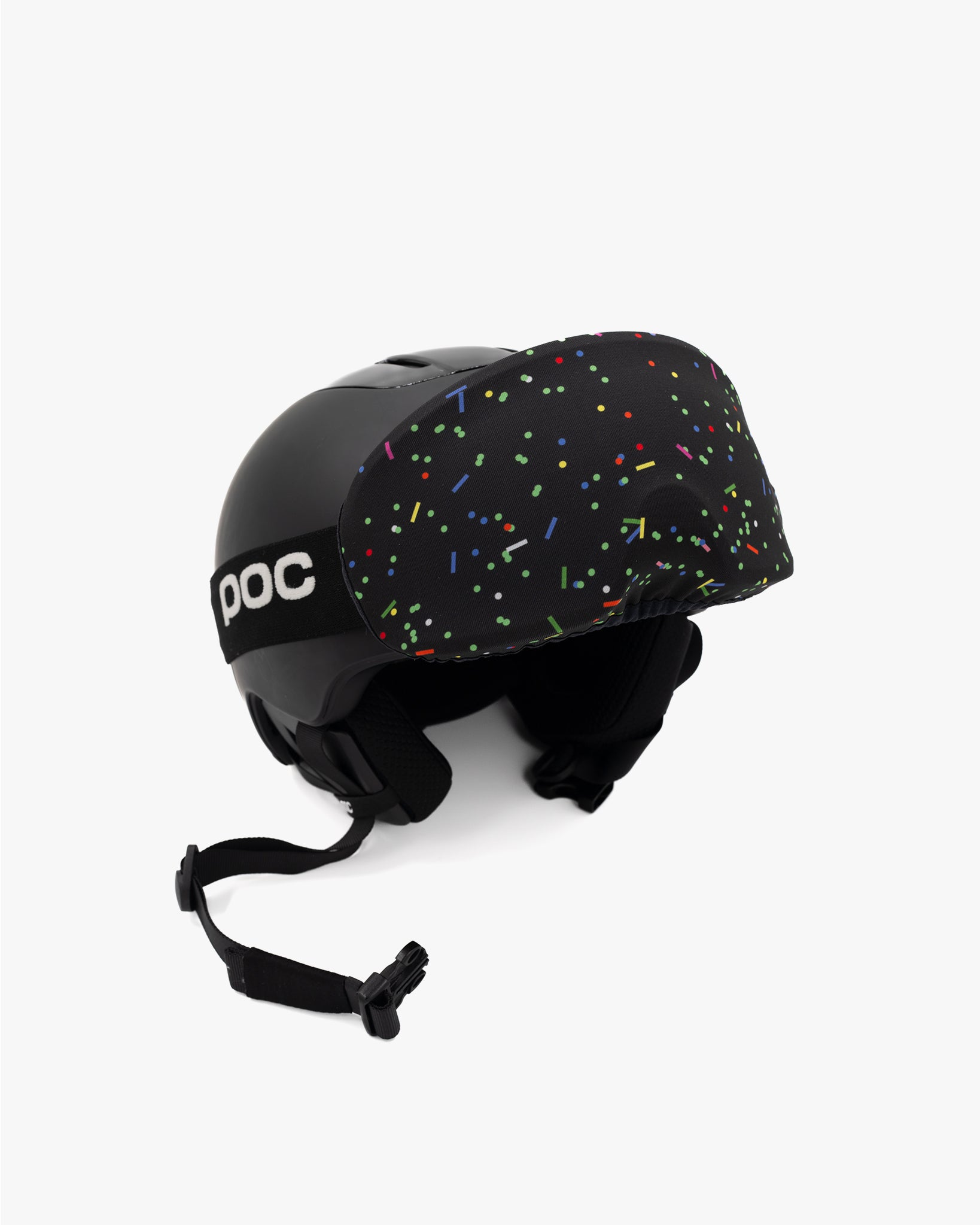 Helmet with goggles covered with a goggle cover with colorful confetti on black background geometric print