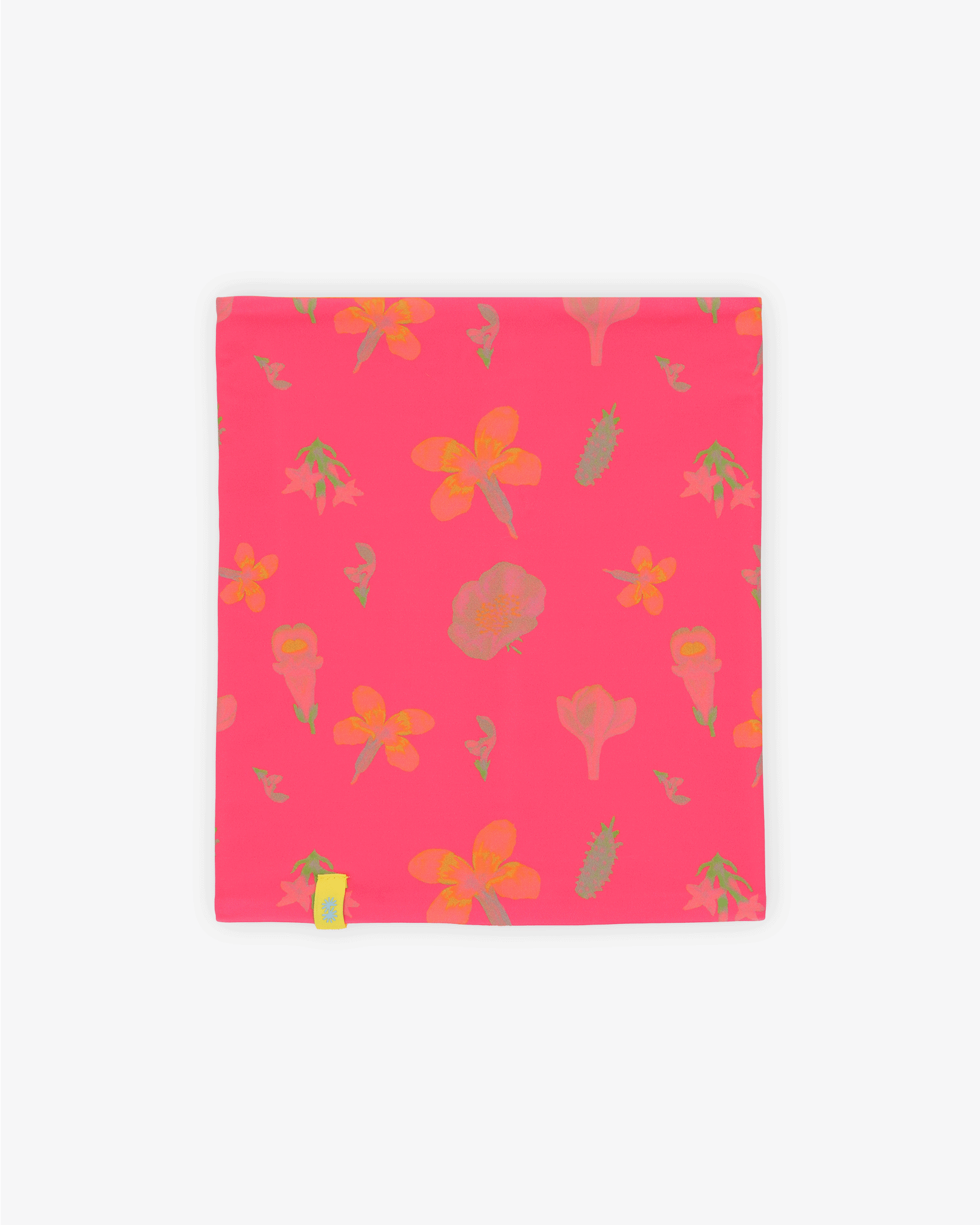 Front view of a double layer neck warmer with a hot pink floral printed lycra, orange fleece lining and yellow CTW logo woven label