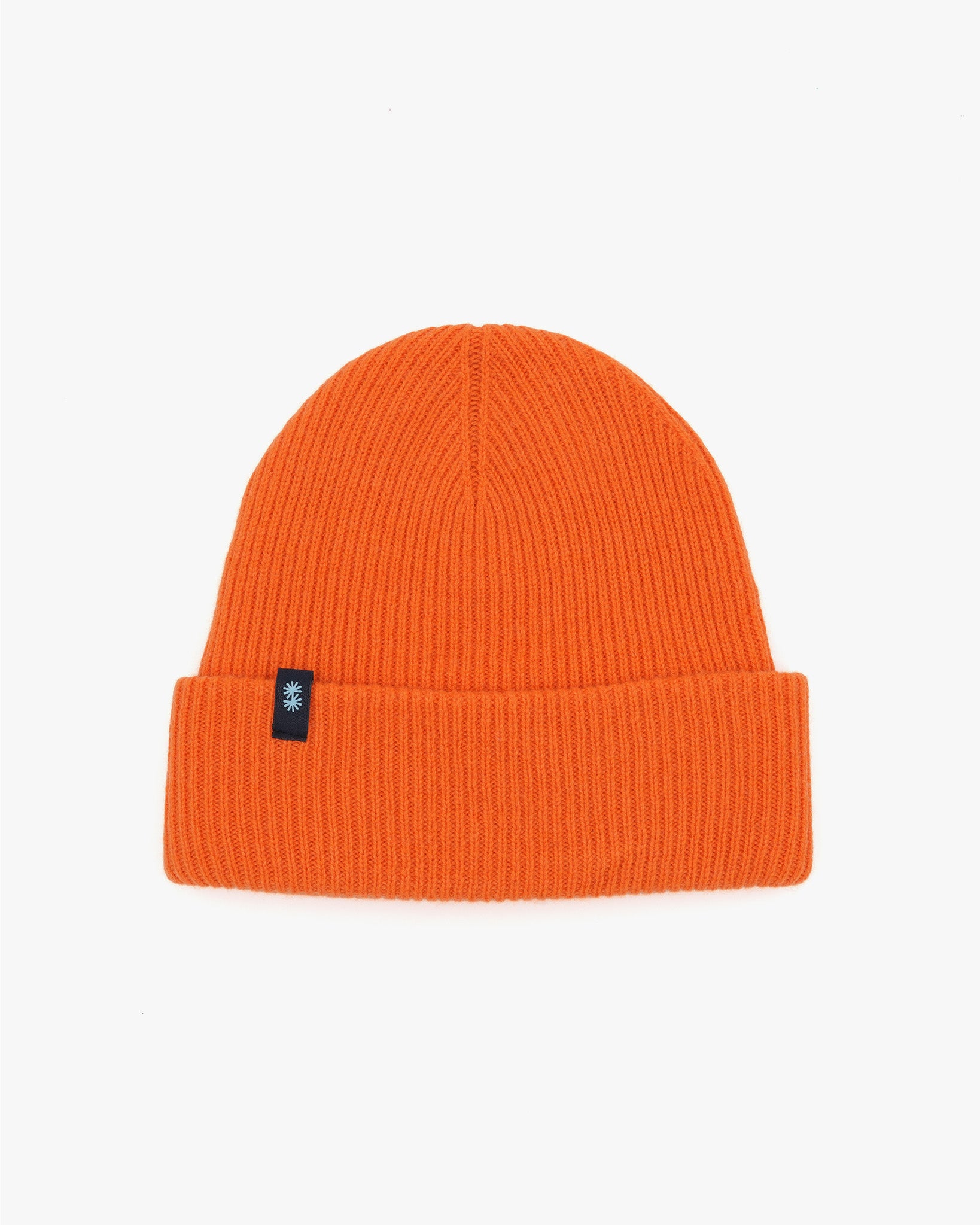 Orange cashmere merino wool beanie with black woven label front