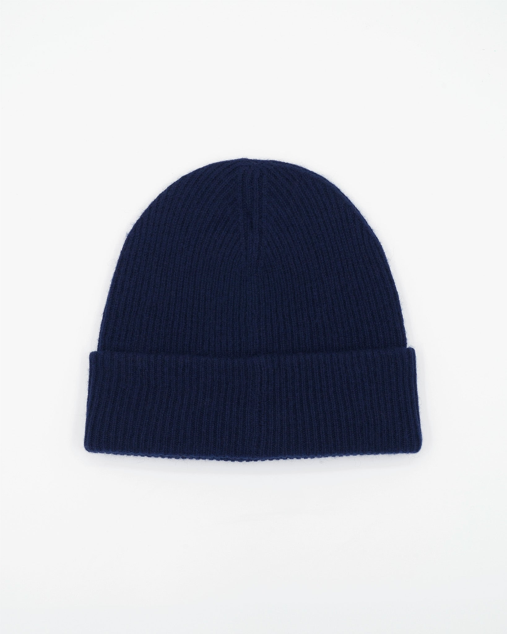 Dark blue cashmere merino wool beanie with yellow woven label back