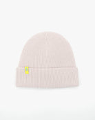 Off-white cashmere merino wool beanie with yellow woven label front