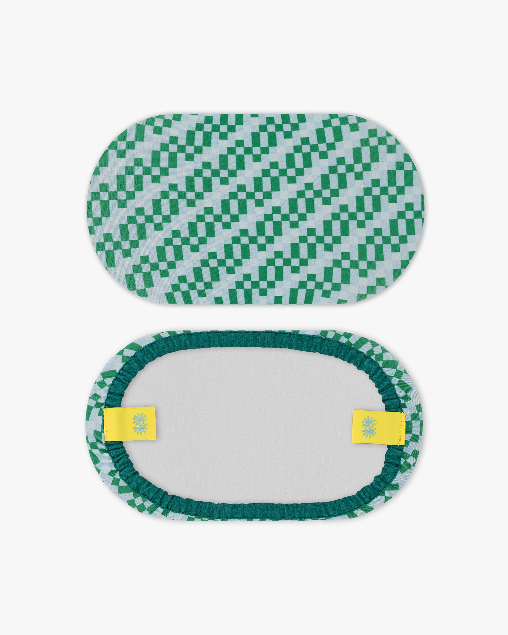 Goggle cover with green, gray and white checkered print front and back view