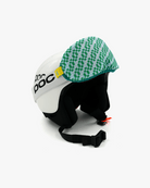 Helmet with goggles covered with a goggle cover with green, gray and white checkered print