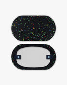 Goggle cover with colorful confetti on black background geometric print