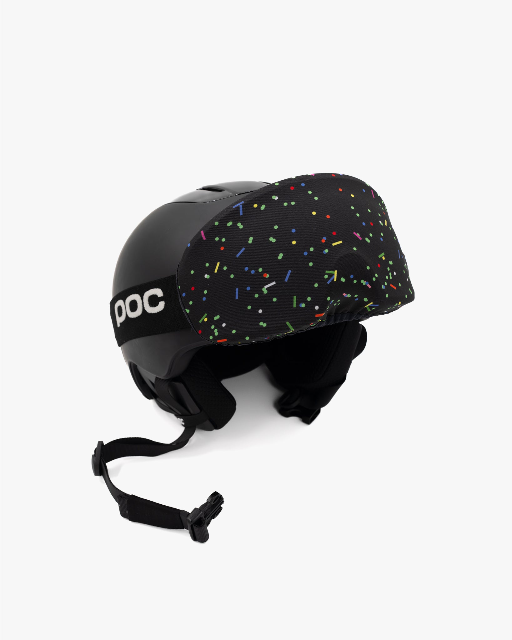 Helmet with goggles covered with a goggle cover with colorful confetti on black background geometric print