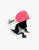 Helmet with goggles covered with a goggle cover with hot pink floral print