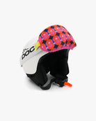 Helmet with goggles covered with a goggle cover with a bright pink and red circles on dark blue background geometric print