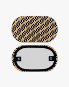 Goggle cover with black, orange and beige checkered print front and back view