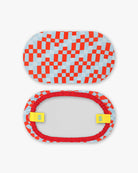 Goggle cover with red, gray and white checkered print front and back