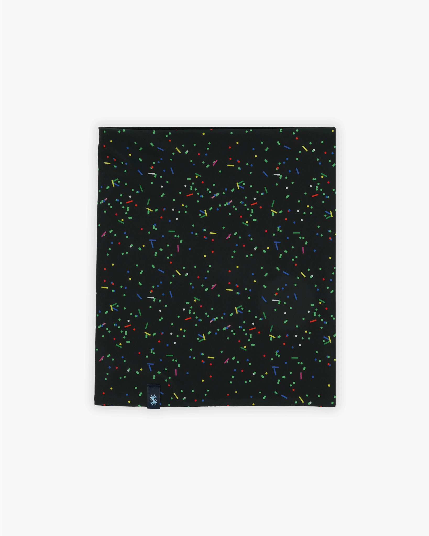 Front view of a double layer neck warmer with colorful confetti on black background printed lycra, black fleece lining and black CTW logo woven label