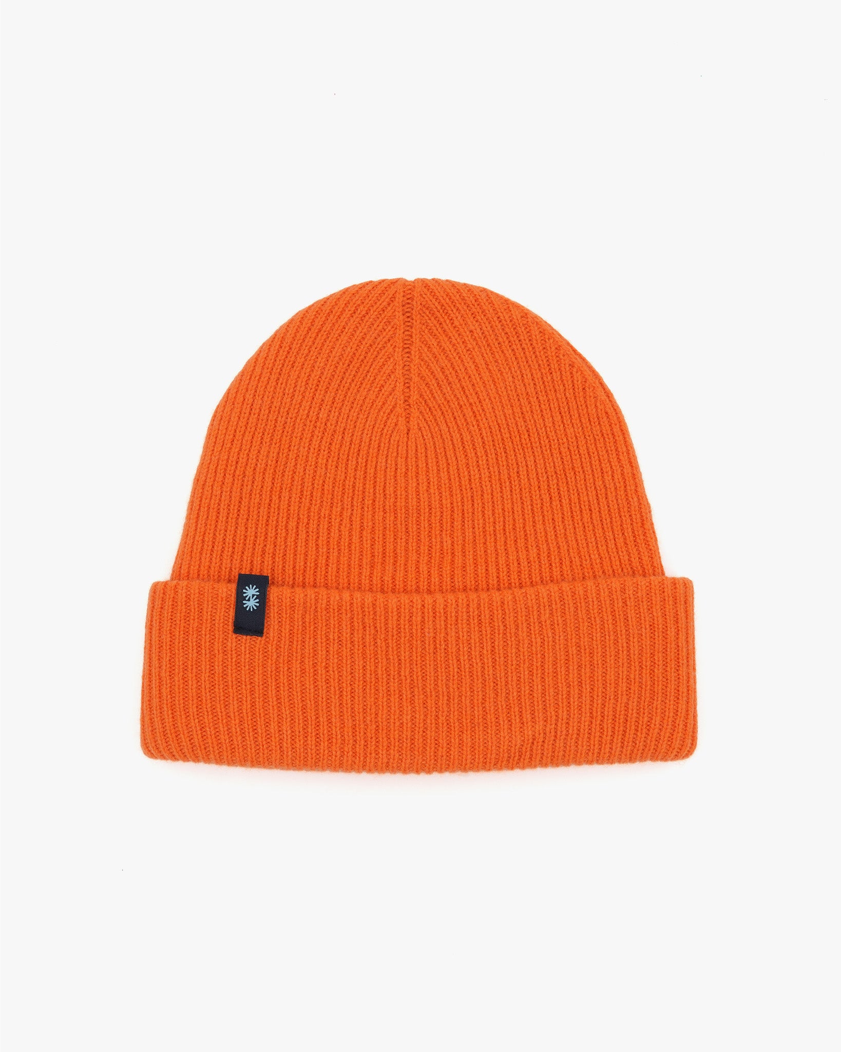 Orange cashmere merino wool beanie with black woven label front